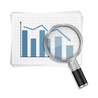 Bar graph with magnifying glass, vector eps10 illustration